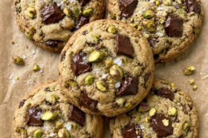 These Pistachio Chocolate Chunk Cookies are buttery, chewy, chocolatey, and seriously hard to resist!