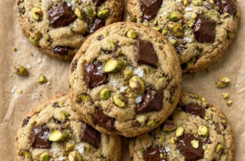 These Pistachio Chocolate Chunk Cookies are buttery, chewy, chocolatey, and seriously hard to resist!