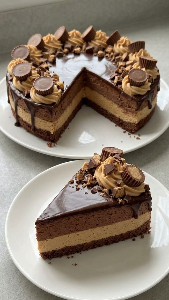 Easy No-Bake Chocolate Peanut Butter Mousse Cake with Ganache