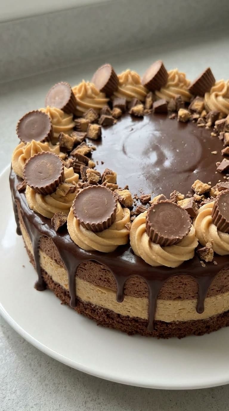 Easy No-Bake Chocolate Peanut Butter Mousse Cake with Ganache
